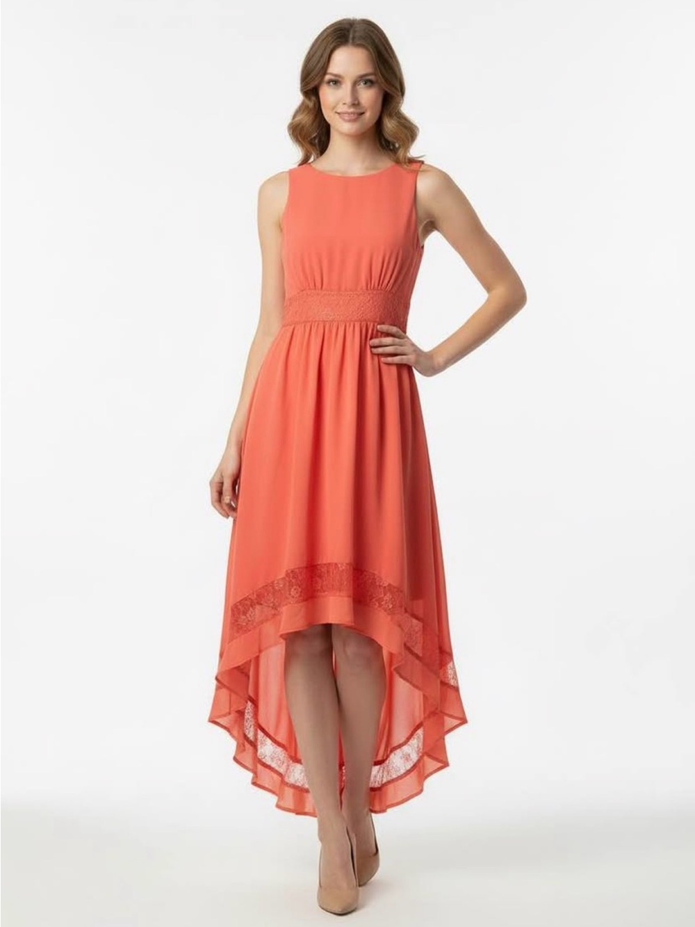 Forever 21 Coral High-Low Lace Trim Dress